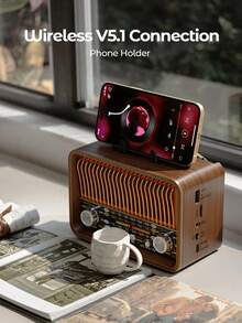 Teckwe Retro Style Portable Radio, Old Fashion Style Radio, Wireless Speaker, FM/AM/SW Adjustable Antenna, Rechargeable Battery Powered & USB Charging, Support TF Card, USB Mp3 Playing Music - wood color - View 3