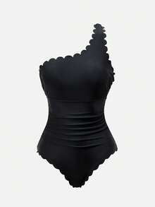 Swim Oasis Women's Black Summer Tropical Beach Vacation Holiday Swimwear,Solid Curved Edge One-Piece Swimsuit With Mesh Smocked Cover-Up Skirt&Straw Hat Set - Multicolor - View 3
