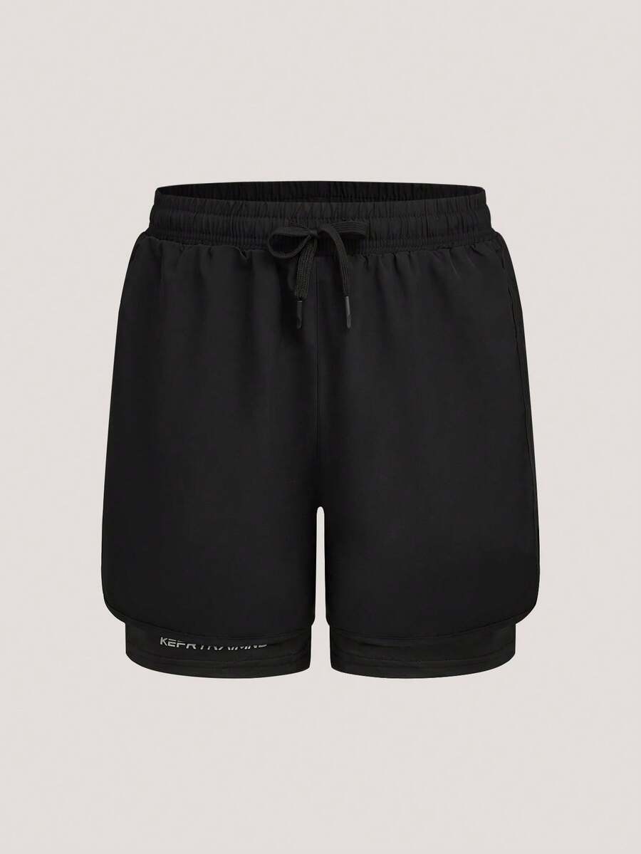 Driftmere Quần short nam 2 trong 1 có dây rút, in chữ, cạp chun. - màu đen - Xem 1