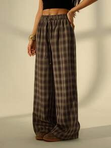 SHEIN PETITE Quần nữ màu nâu kẻ caro dáng rộng, tối giản, phong cách thường ngày. - Nhiều màu - Xem 4