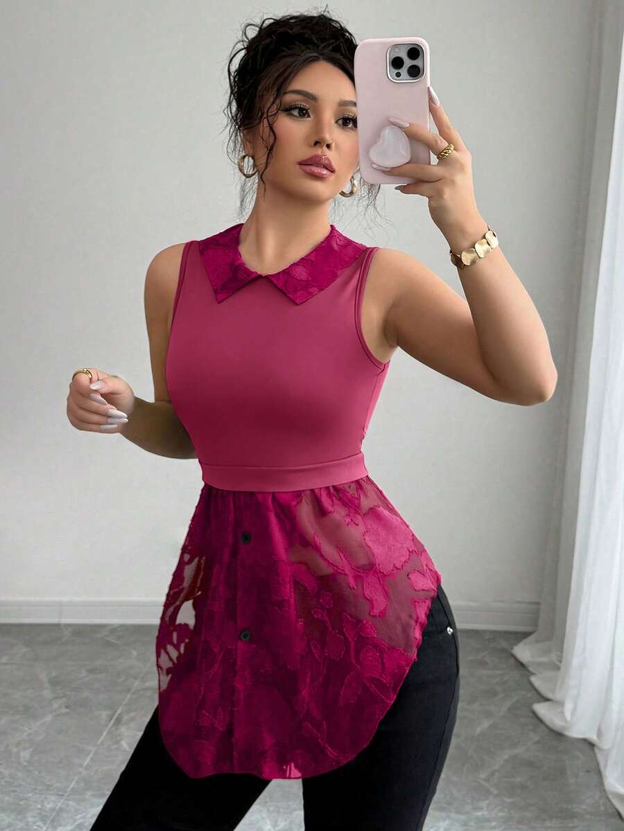 SHEIN Elenzya 女士无袖网纱拼接纯色上衣 - 玫紅色 - 查看 1