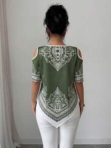 SHEIN Elenzya 优雅度假通勤黑白不对称下摆女士短袖衬衫 - 橄欖綠 - 查看 2