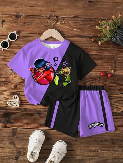 Miraculous Ladybug X SHEIN 女童撞色拼接卡通印花T恤和短裤套装