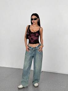 Rina Fox 法式性感蕾丝撞色露背吊带背心女式印花T恤女式上衣 - 粉色 - 查看 6