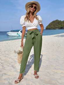 EURMUSE Solid Tie Front Trousers - Mint Green - View 4