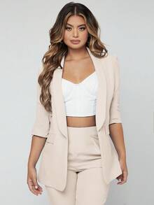 EURMUSE Shawl Collar Open Front Blazer & Suit Pants - Beige - View 6