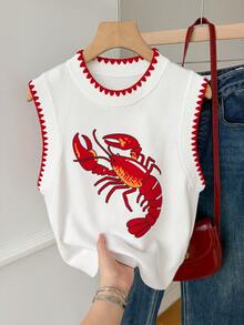 SHEIN EZwear 女士圆领撞色滚边龙虾印花休闲日常针织上衣 - 白色 - 查看 4