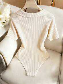 Franclia 休闲连体衣、优雅连体衣、夏季连体衣、沙滩连体衣、度假连体衣、翻领短袖毕业连体衣 - 米色 - 查看 2