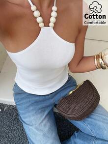 Aloruh 女士纯白色波西米亚风舒适棉质串珠装饰修身背心，休闲上衣 - 白色 - 查看 8