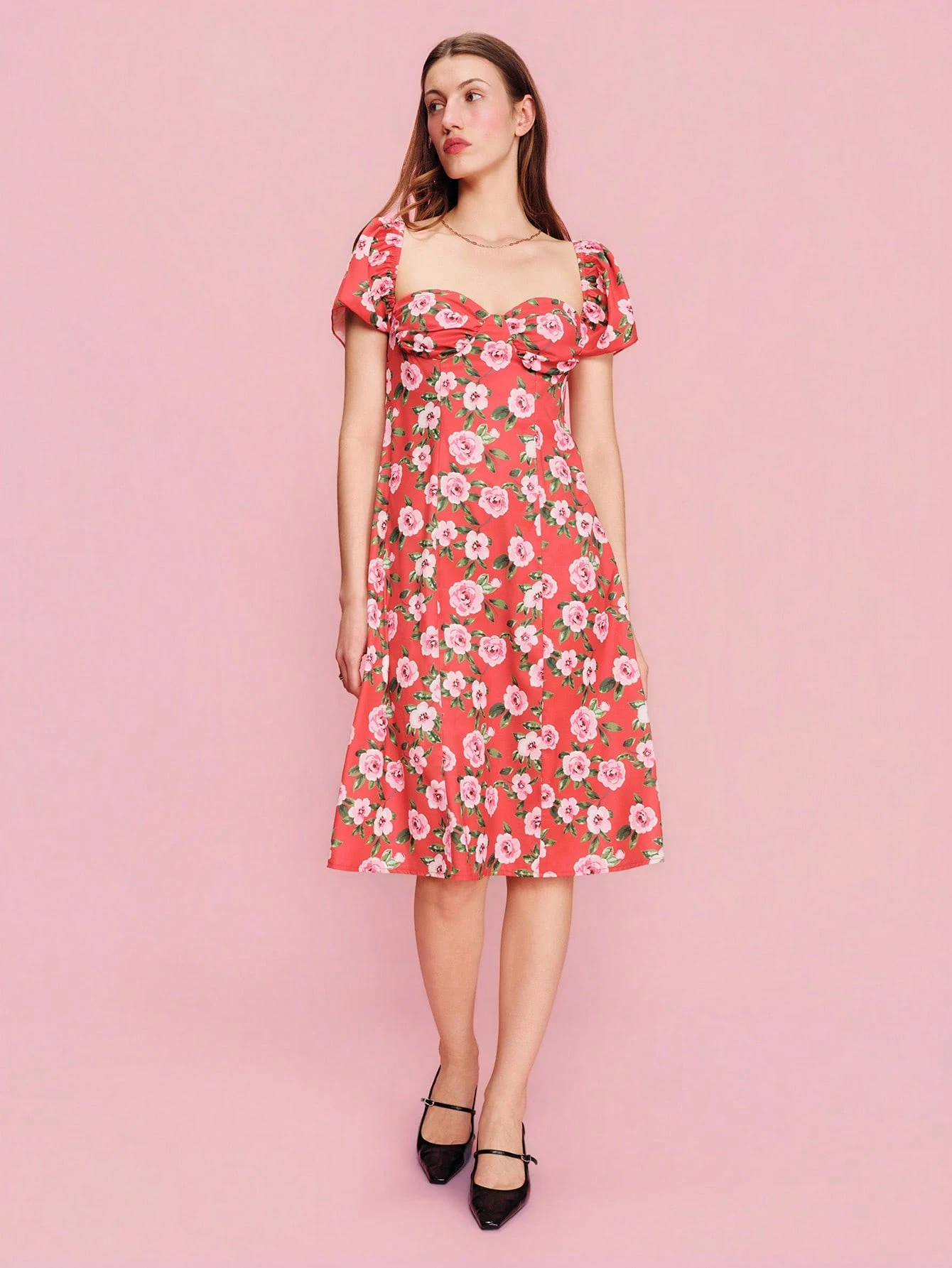 Pink Floral Print Red Woven Midi Dress With Short Sleeves And Open Back Detail Chic Spring Summer Holiday Dress Red Vacation Dress French Style Parisian Style