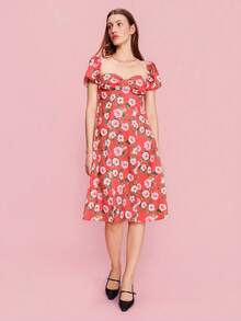 lacRébo Pink Floral Print Red Woven Midi Dress With Short Sleeves And Open Back Detail Chic Spring Summer Holiday Dress Red Vacation Dress French Style Parisian Style - Red - View 4
