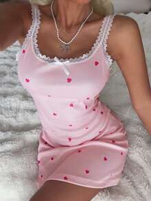 CottageSlumber Pink Women's Nightgown With Heart, Fine Rib Texture, Silk Contrast Lace, Romantic Spaghetti Strap Dress - Pink - View 6