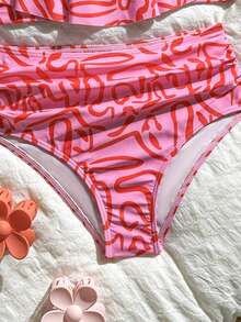 SHEIN Áo tắm tankini in họa tiết toàn thân, viền bèo nhún, dành cho bé gái tuổi teen. - Nhiều màu - Xem 4