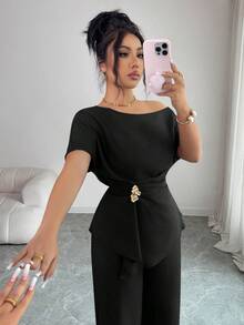 Elenzga 优雅新款都市时尚女装春夏藏蓝色不对称单肩金属扣腰阔腿裤，适合日常穿着、婚礼、晚宴、通勤、毕业派对、节日、约会、聚会、万圣节、圣诞节、新年、感恩节、婚礼女士两件套 - 黑色 - 查看 7