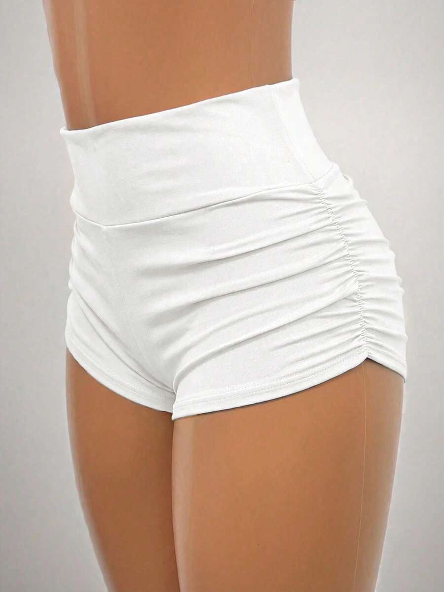 SHEIN EZwear 女士纯色高腰休闲褶皱夏季打底裤 - 白色 - 查看 1