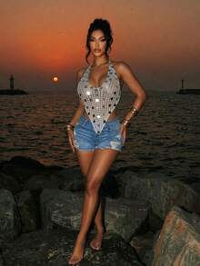 Swim SXY New Arrival Women's Deep V-Neck Sequin Tie-Up Sexy Knit Top - Grey - View 4