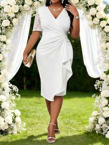 SHEIN Lady Plus Size Women Solid Color Contrast Lace Ruffle Elegant Dress - White - View 4