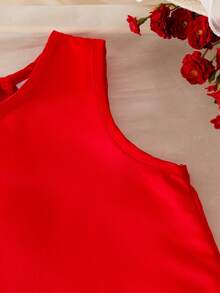 SHEIN Vintaside Kids 女婴红色无袖褶皱蝴蝶结纯色连衣裙，简约优雅夏季女婴时尚情人节公主裙，女婴服装，红色连衣裙，女婴套装，女婴连衣裙拍照服装 - 紅色 - 查看 6