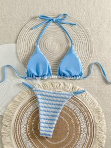 Swim Vcay Women's Blue And White Striped Crochet Bikini Set,Spaghetti Strap Halter Beaded Swimwear,High Cut Bottoms,Summer,Techno,Beach Party,Rave,Holida Y - Blue and White - View 2