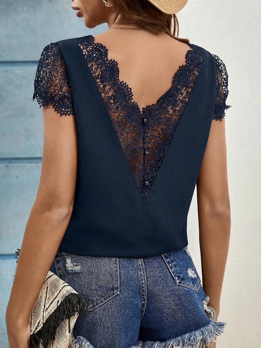 SHEIN Frenchy Áo kiểu nữ cổ chữ V phối ren màu trơn, áo mùa hè, áo ren màu trơn, lưng phối ren, áo hở lưng, áo mùa hè cho nữ, áo dự tiệc cưới, chất liệu thoải mái. - Màu xanh hải quân - Xem 1