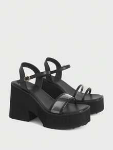 Sugerpunk Dép nữ thời trang mới, đế cao, kiểu dáng thoáng mát, gót vuông, đế dày, chống thấm nước, thích hợp cho mùa hè, kiểu dáng đế phồng, chiều cao gót 10 cm. - màu đen - Xem 2