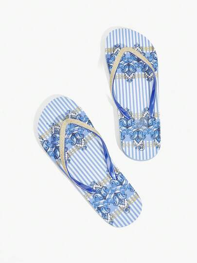 Grefit Women's Retro Paisley Pattern Open-Toed Flip-Flops, Gretel Decorative Flip-Flops, Fashionable Outdoor PVC Color Matching Flip-Flops, Suitable For Summer Vacation, Spring Back-To-School, College Students, Spring, Spring Break, Easter, Leisure, Beach, Valentine's Day Wear, Both Indoor And Outdoor