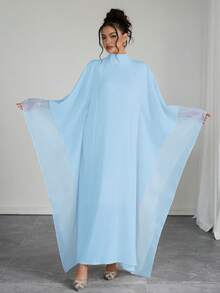 SHEIN Raffinéa Đầm nữ thanh lịch màu trơn cổ tàu tay cánh dơi - Màu xanh nhạt - Xem 7