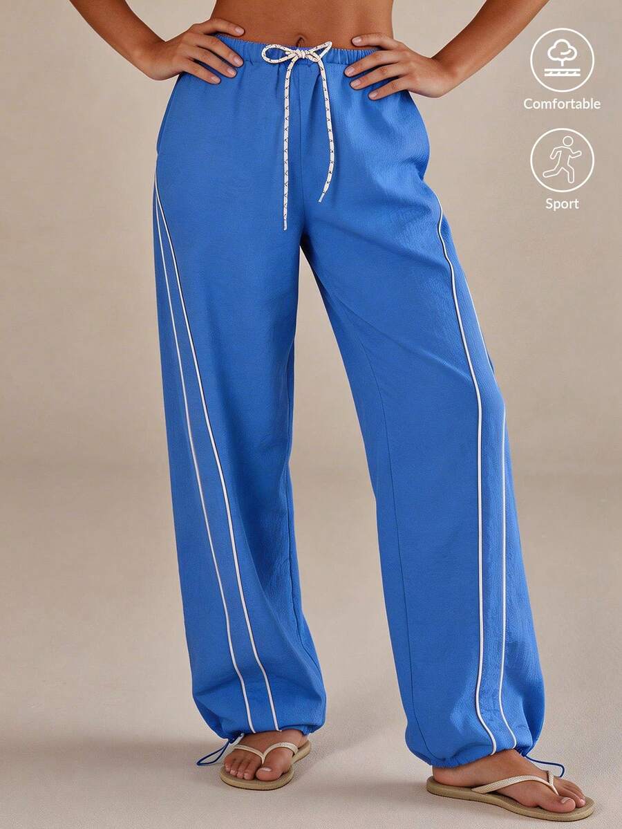 Athîral 女士休闲运动撞色包边抽绳裤 - 藍色 - 查看 1