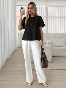 夏季休闲纯色短袖衬衫 - 黑色 - 查看 4