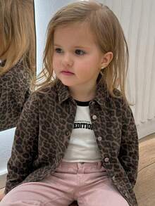 Tween Girls' Leopard Print Denim Lapel Long Sleeve Jacket And Coat, Autumn/Winter - Brown - View 2