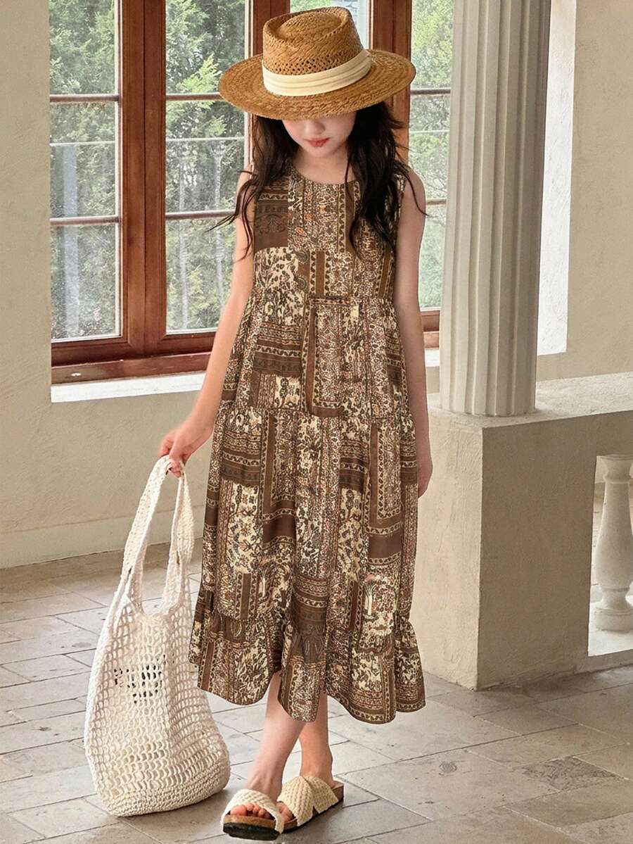 Dazy Kids 少女无袖碎花连衣裙,夏季度假阳光连衣裙 - 棕色 - 查看 1