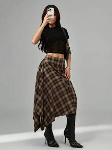 SHEIN PETITE 2025新款极简主义冬季女士棕色格子裹身不对称下摆时尚百搭半身裙,适合外出穿着,优雅连衣裙,女士休闲装,圣诞派对裙装,新年正式礼服,秋季,女士秋装,女士冬装 - 咖啡棕 - 查看 4