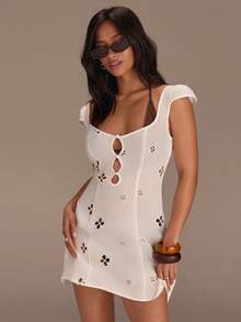 Athîral Women's Hollow Out Embroidery Cap Sleeve Mini Dress, Vacation Style - White - View 5