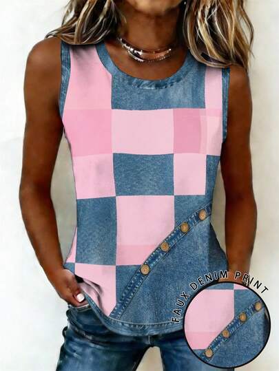 Calvaya Áo tank top cỡ lớn, cổ tròn, không tay, dây bản rộng, phối màu tương phản, kiểu dáng thường ngày, thích hợp cho mùa hè.