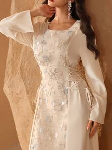 Al Najma Đầm kiểu Ả Rập cổ tròn thanh lịch đính sequin và thêu dành cho phụ nữ - Màu be - Xem 1