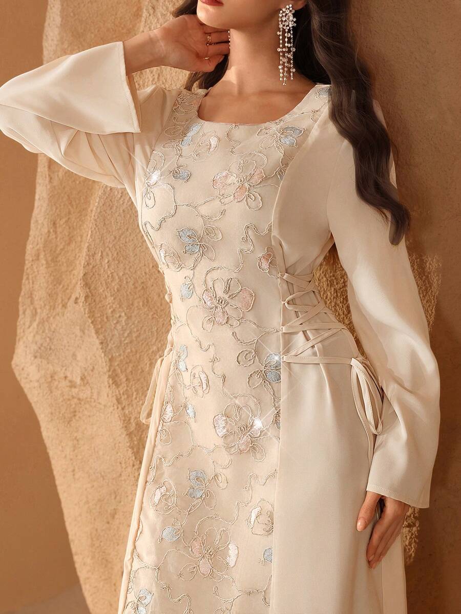 Al Najma Đầm kiểu Ả Rập cổ tròn thanh lịch đính sequin và thêu dành cho phụ nữ - Màu be - Xem 1