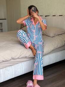 Dream Adore Cute & Sexy Contrast Color Striped Bow Ruffle Women Pajama Set - Multicolor - View 6