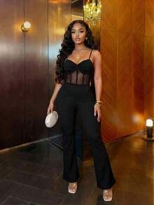 Slaydiva 早春新款，春夏音乐节，情人节，复活节，婚礼季，假日季，休闲优雅，通勤，日常穿着，工作装，度假，派对，邮轮，派对，基础款，日常约会，吊带款式，前系带设计，腰部，网纱面料，透视设计，黑色喇叭裤，超长裤，女士连体裤 -Z - 黑色 - 查看 10