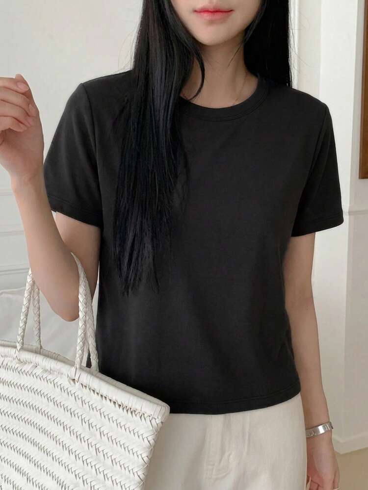 Women's Solid Color Round Neck Short Sleeve Casual Versatile T-Shirt