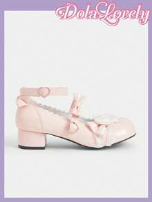 Dola Lovely Giày nữ màu hồng dễ thương, mũi tròn, kiểu Mary Jane, cao gót, buộc dây và trang trí nơ, thích hợp cho tiệc sinh nhật, phong cách JK, Lolita. - nơ bướm lớn màu hồng - Xem 5