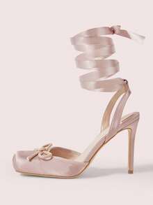 CUCCOO DOLLMOD 女士肉粉色优雅甜美可爱百搭约会装生日派对装蝴蝶结装饰方头芭蕾舞鞋细高跟鞋 - 藕粉色 - 查看 3