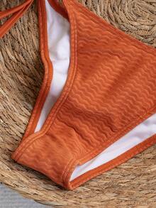 Swim Mod Women's Solid Color Textured Halter Bikini Set, Suitable For Summer Vacation & Beach Beach Sets For Women - Burnt Orange - View 3