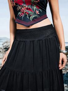 Femmeiva Women Floral Pattern Buckle Design Asymmetric Hem Tube Top And Mini Skirt 2 Pieces Set - Black - View 6