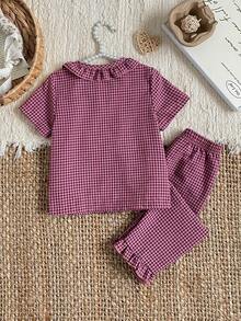 Bộ 2 món thời trang ngọt ngào màu hồng kẻ caro dễ thương cho bé gái: áo khoác cardigan tay ngắn cổ Peter Pan và quần dài gấu bèo nhún, đồ mặc nhà thoải mái. - Hồng - Xem 2