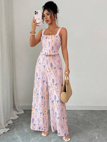 Rafferiza Summer Casual Vacation Floral Print Loose Wide Leg Jumpsuit