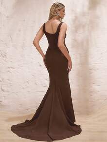 Glamine Women's Solid Color Pleated Elegant Waist Formal Dress - Brown - View 2