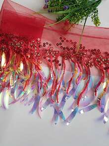 1PC New Sparkly Sequin Mesh Tassel Fringes DIY Stage Performance Costume Curtain Decorative Fabric, In Stock, Length: 30ft, Width: 6in - multicolor - View 6
