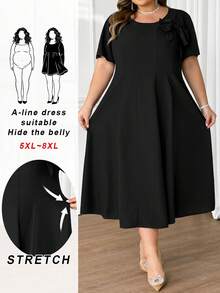 SHEIN CURVE+ Plus Size Women's Solid Color Bow Decor Round Neck Short Sleeve Elegant Mid-Length Dress - Black - View 7