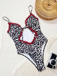 Swim SXY 豹纹镂空细肩带网纱饰边前抽绳打结性感沙滩连体泳衣（女款） - 彩色 - 查看 4