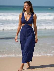 Swim Vcay 女士时尚后背镂空吊带纹理连衣裙超长度假海滩装 - 藏蓝色 - 查看 5